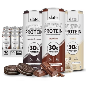 image:imageSlate Milk Ultra High Protein Milk Shake Neapolitan Pack Chocolate Vanilla amp Strawberry  30g Protein 1g Sugar 130 Calories 12g Net Carbs  No Added Sugar  Lactose Free  11 fl oz 12 CansDessert Pack