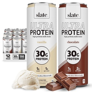 image:imageSlate Milk Ultra High Protein Milk Shake Neapolitan Pack Chocolate Vanilla amp Strawberry  30g Protein 1g Sugar 130 Calories 12g Net Carbs  No Added Sugar  Lactose Free  11 fl oz 12 CansBest Sellers Pack