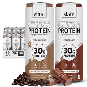 image:imageSlate Milk Ultra High Protein Milk Shake Neapolitan Pack Chocolate Vanilla amp Strawberry  30g Protein 1g Sugar 130 Calories 12g Net Carbs  No Added Sugar  Lactose Free  11 fl oz 12 CansChocolate  Energy Pack